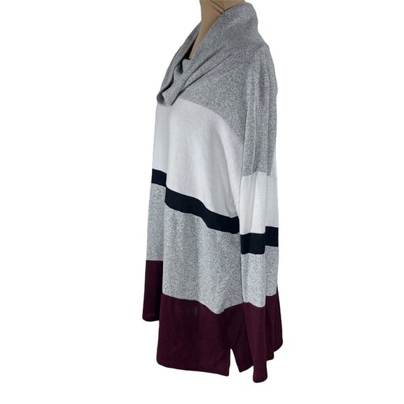 C Active Striped Color Block Cowl Neck Sweater Grey Black Maroon Size XL - Picture 2 of 6